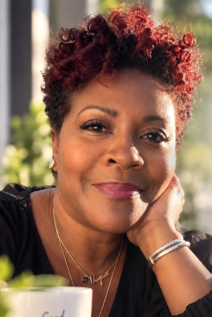 Linda Little resting her chin on her hand and smiling, a coffee mug in front of her